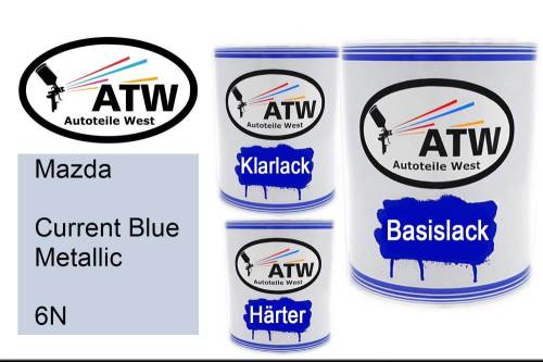 Mazda, Current Blue Metallic, 6N: 1L Lackdose + 1L Klarlack + 500ml Härter - Set, von ATW Autoteile West.
